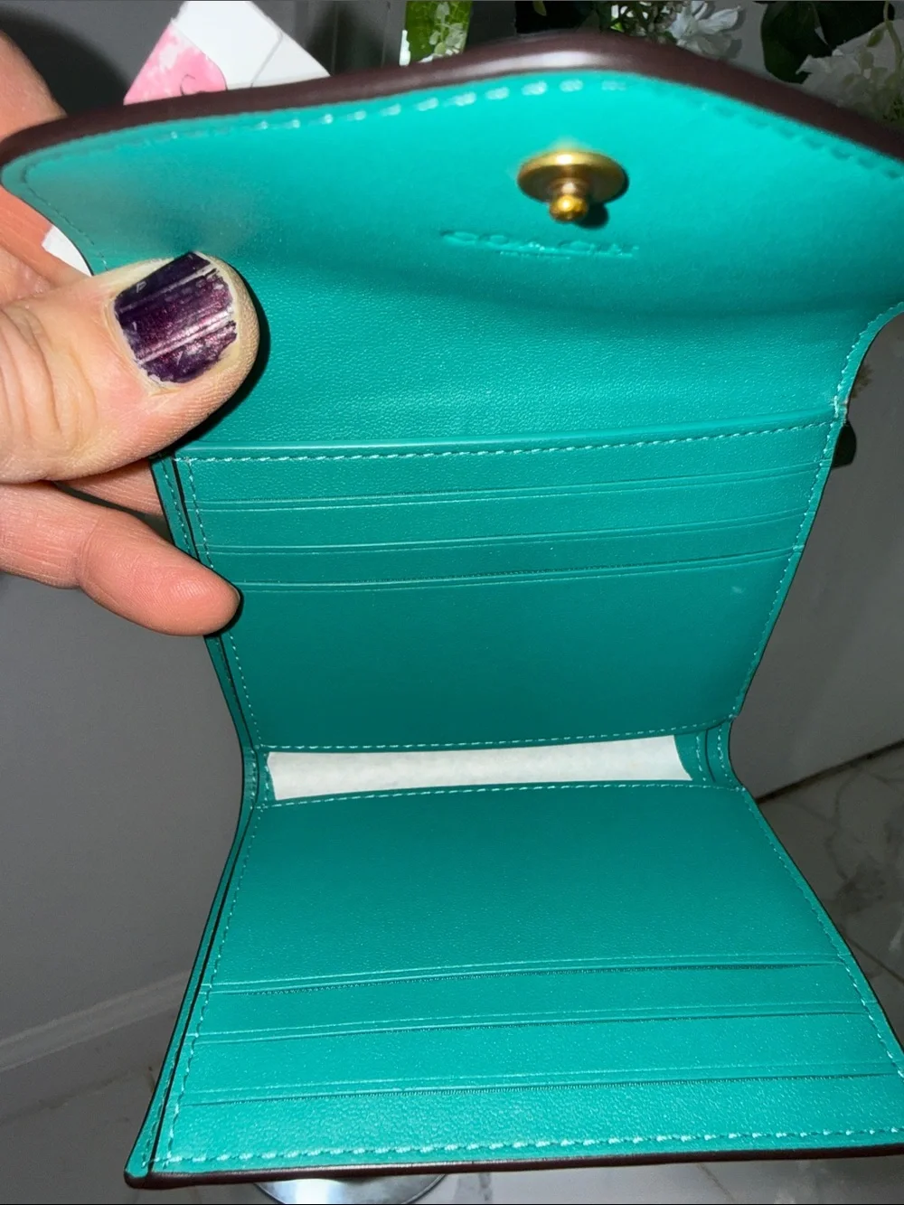 Coach Teal Saffiano Leather Envelope folded Wallet